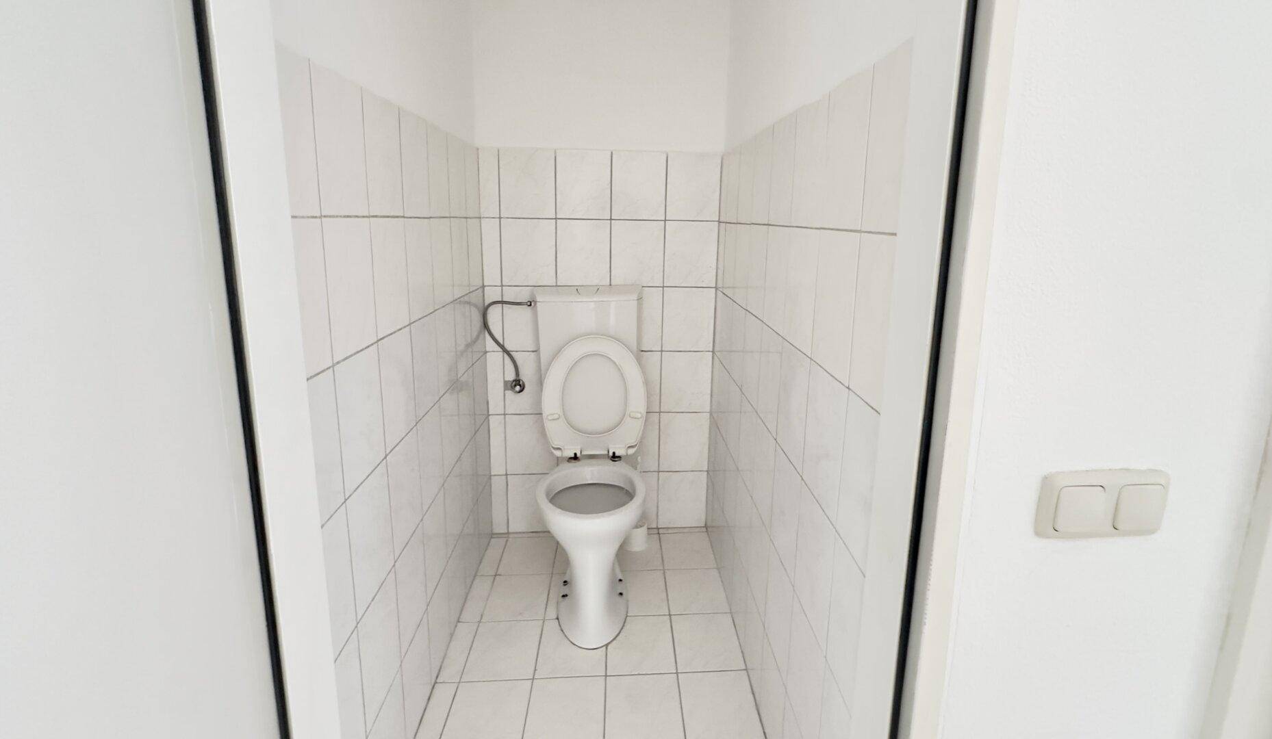 Separates WC mit weißen Fliesen an den Wänden und einem Standard-WC.