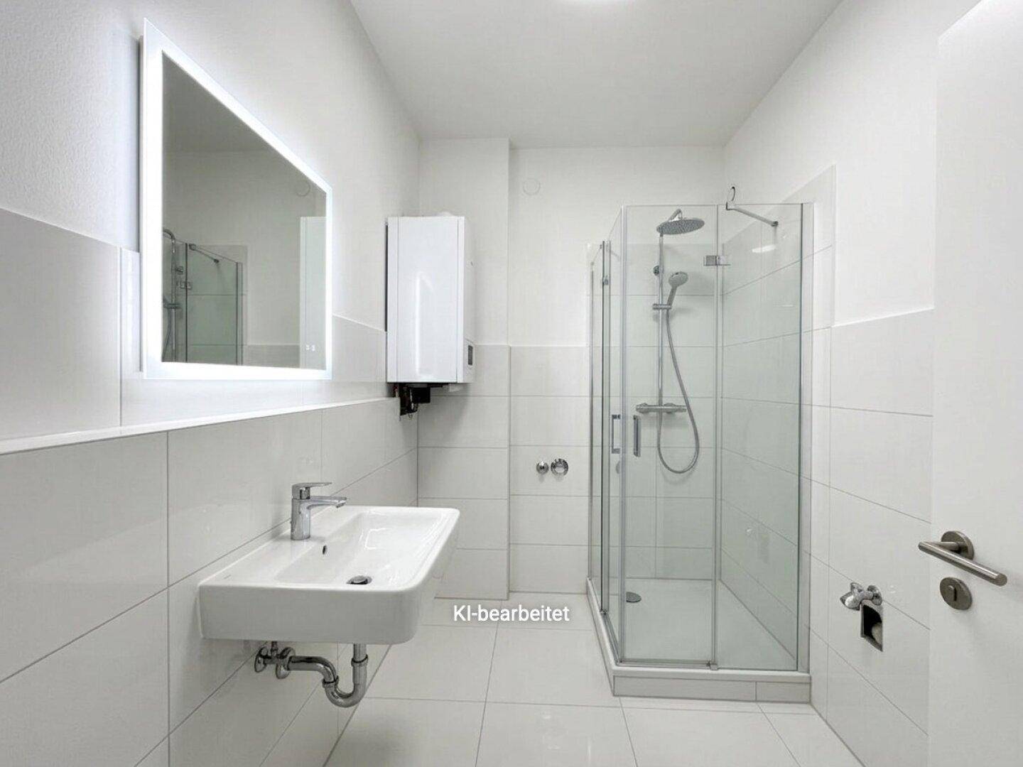 Modernes Badezimmer mit weißen Fliesen, Waschtisch und Duschkabine, hell und funktional.