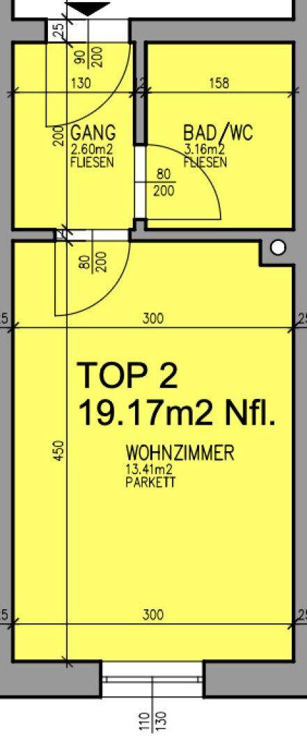 Grundriss der Wohnung Top 2 mit Wohnzimmer, Bad und Flur.