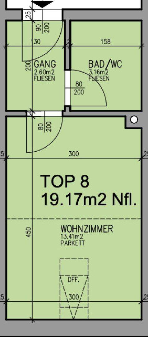 Grundriss der Wohnung mit Wohnzimmer, Bad/WC und Gang.