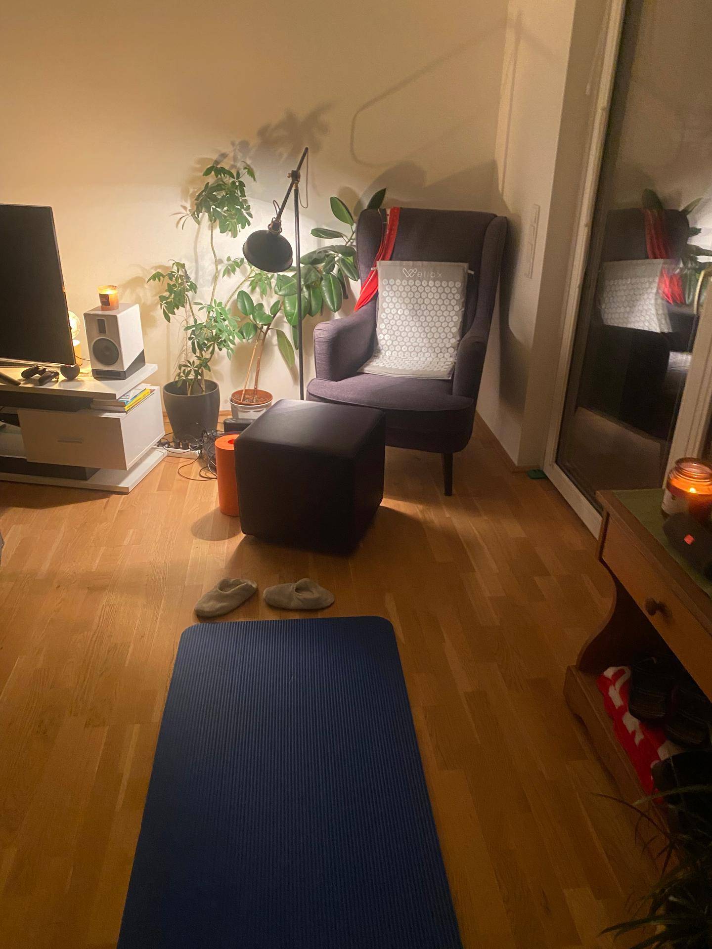 Wohnzimmer mit bequemen Sessel, vielen Pflanzen und einem Fernseher, ideal für Entspannung.