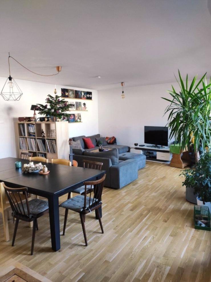 Heller Wohn- und Essbereich mit großem Esstisch, Pflanzen und gemütlichem Sofa im Hintergrund.