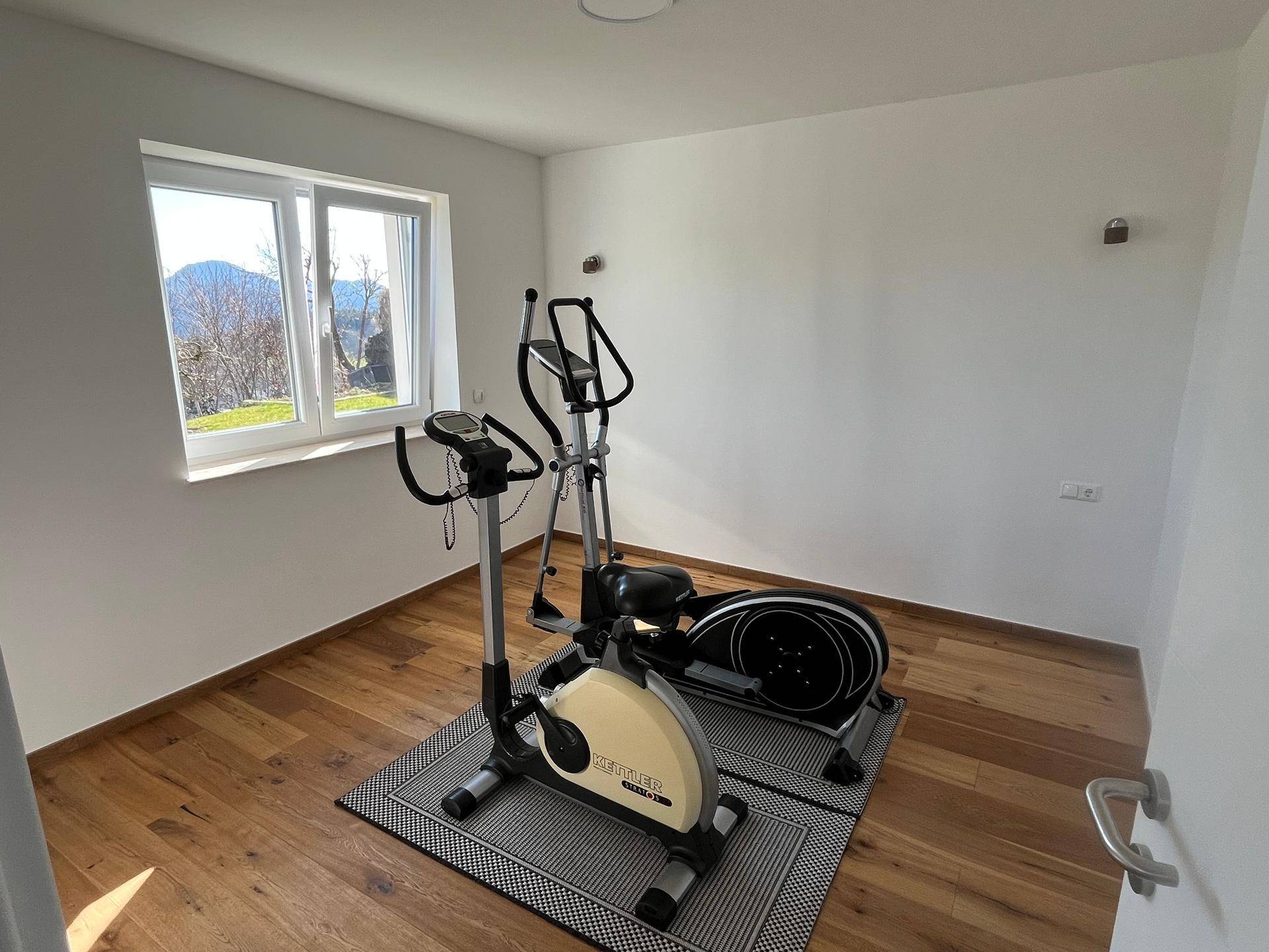 Heller Fitnessraum mit Holzboden und Trainingsgeräten, bietet Blick ins Grüne.