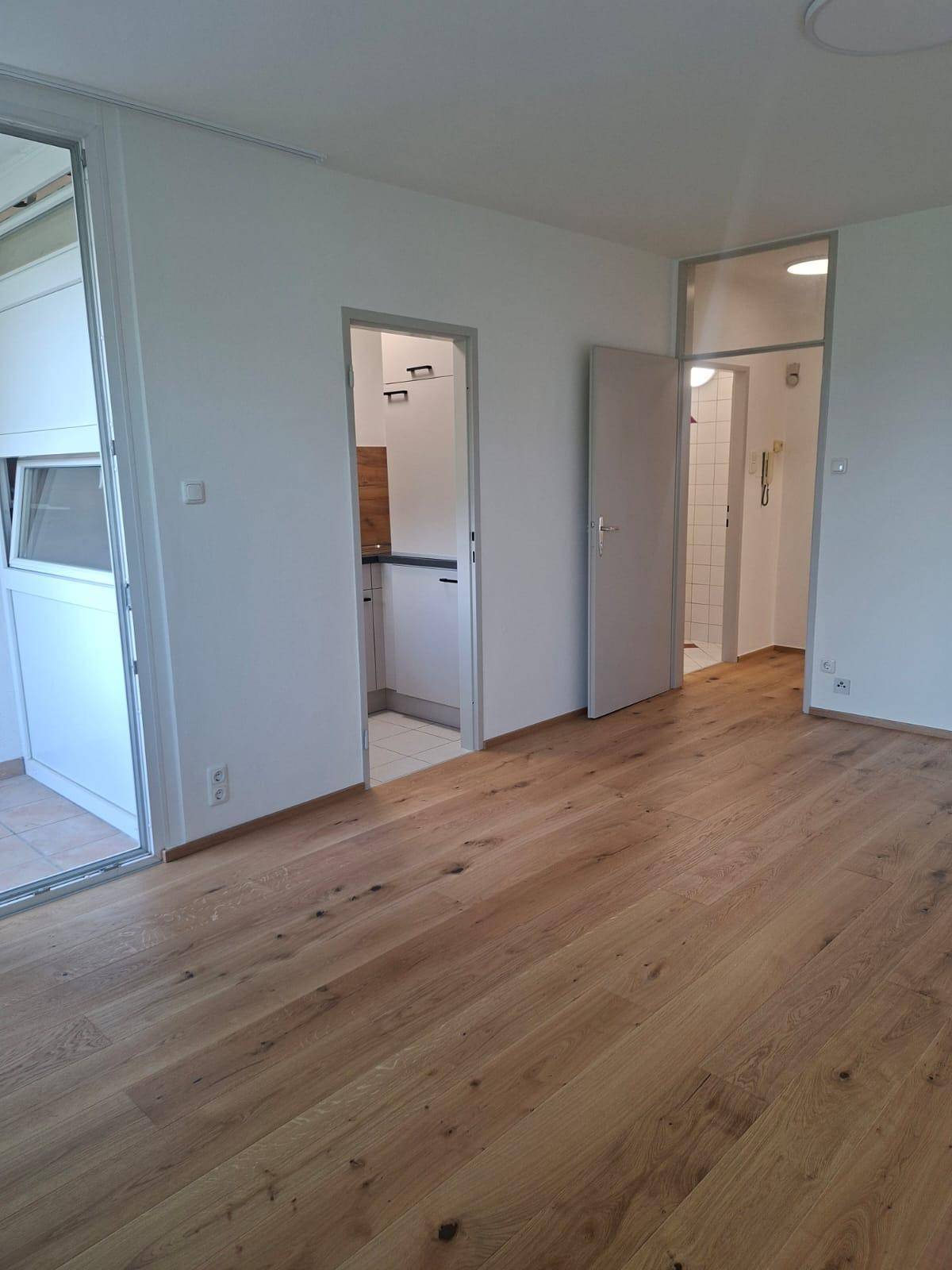 Heller Raum mit Holzboden, weißen Wänden und Zugängen zu Küche, Bad und einem verglasten Bereich.