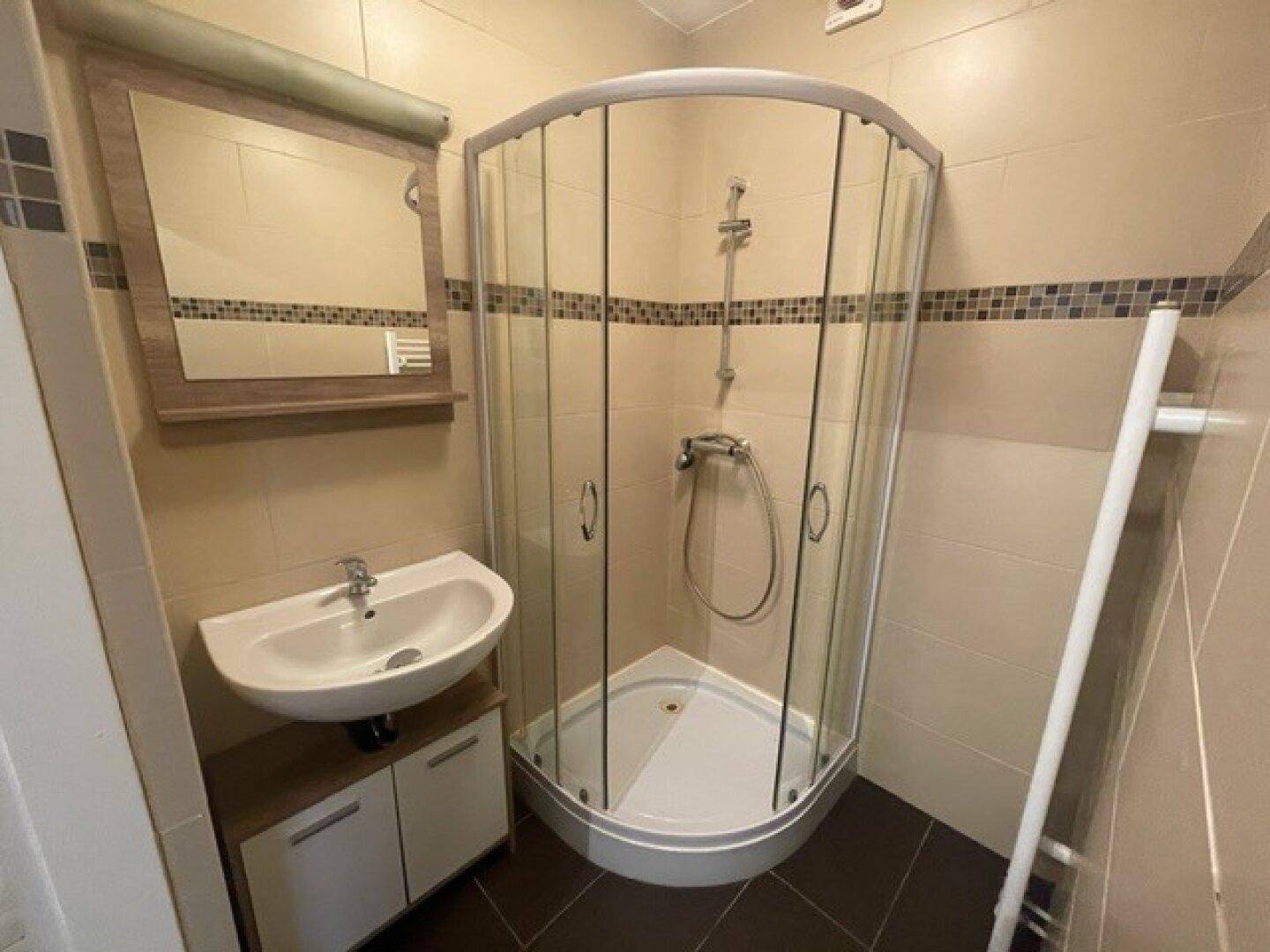 Kleines Badezimmer mit Duschkabine, Waschbecken und einem praktischen beheizten Handtuchhalter.