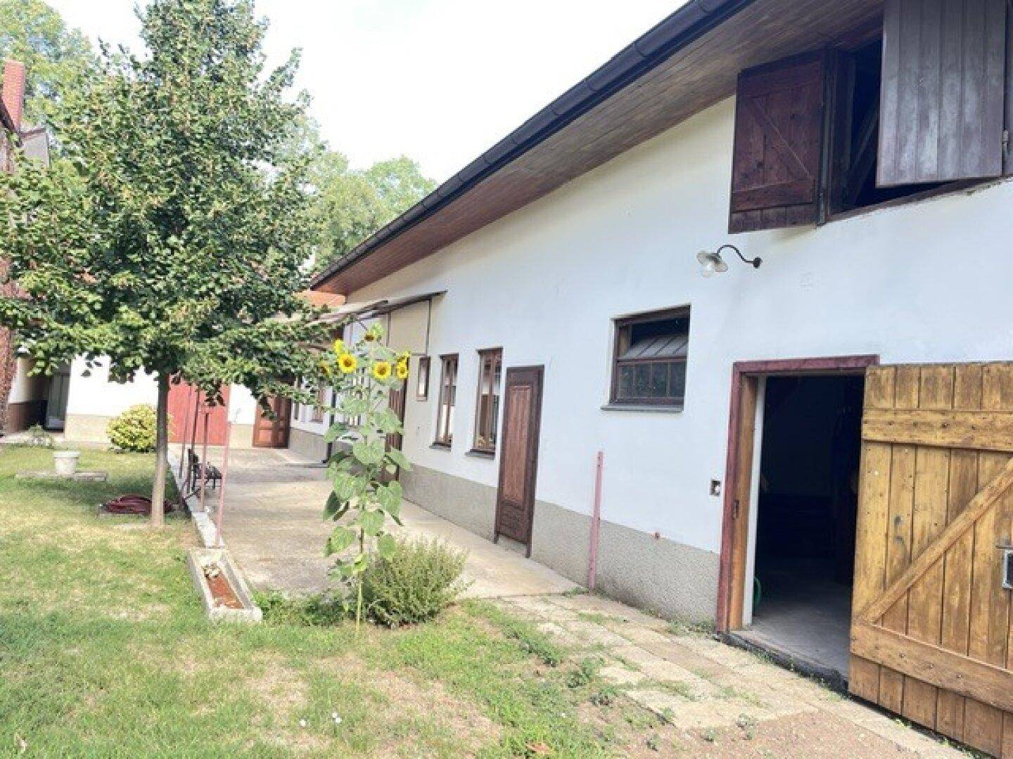 Seitenansicht des Hauses mit Holztüren, Fenstern und einem kleinen Gartenbereich mit Sonnenblumen.