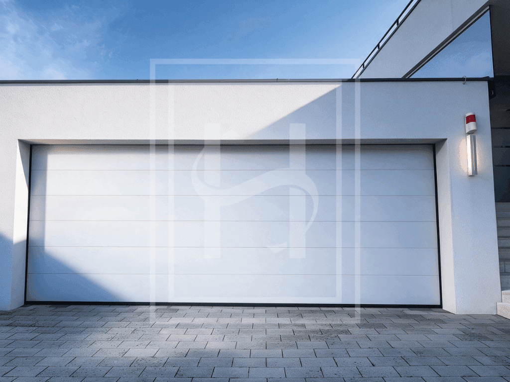 Moderne weiße Garagentür mit sauberer Pflasterauffahrt, passend zur Architektur des Hauses.