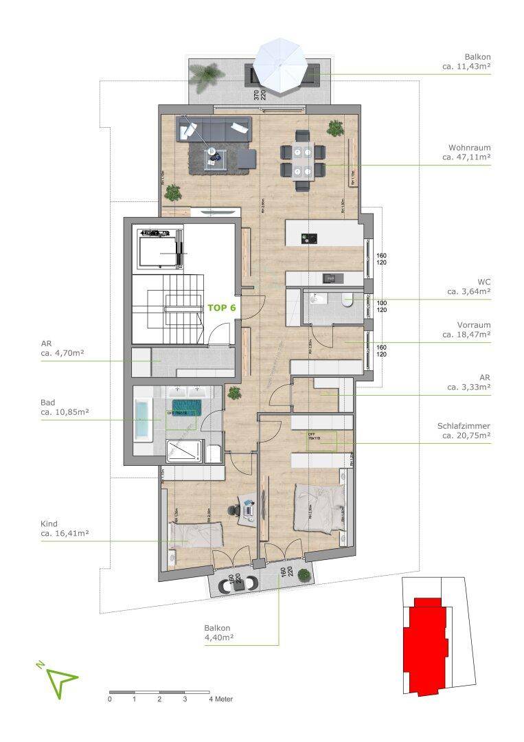 Detaillierter Grundriss einer Wohnung mit offenem Wohnbereich, zwei Schlafzimmern, Bad, WC und zwei Balkonen.