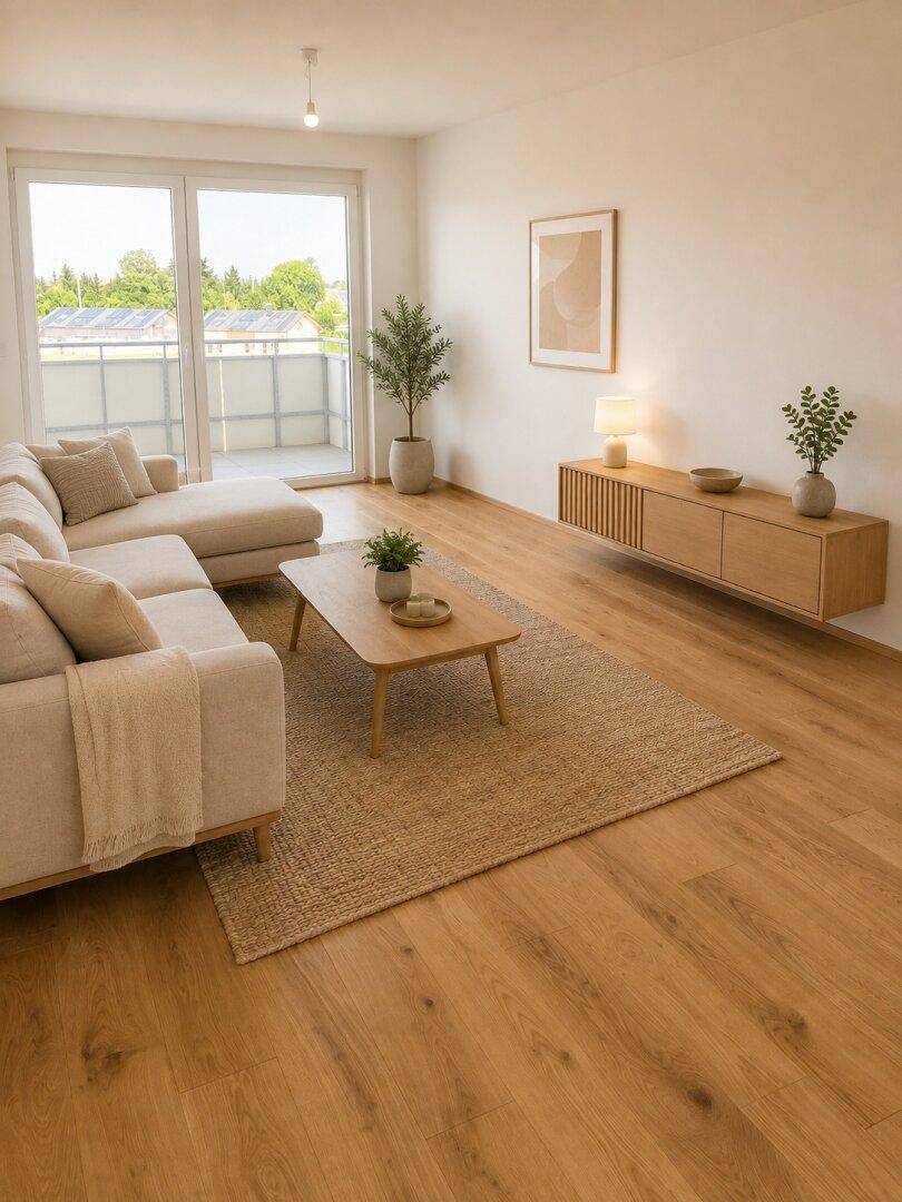 Gemütliches Wohnzimmer mit Sofa, Holzboden und großen Schiebetüren zum Balkon mit grüner Aussicht.