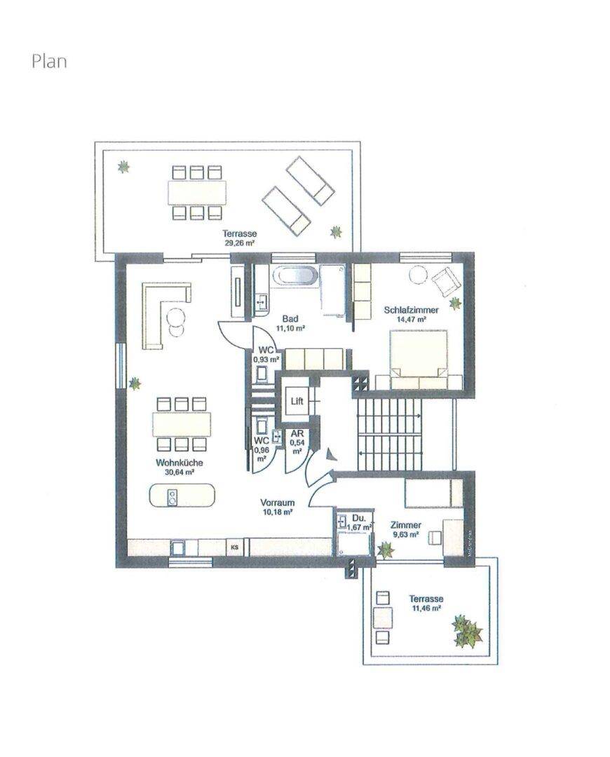 Grundrissplan einer Wohnung mit großer Terrasse, Wohnküche und mehreren Zimmern.
