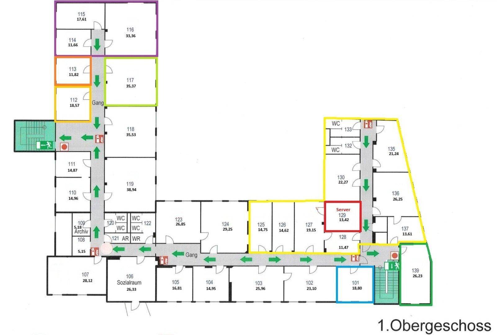 Detaillierter Grundriss des 1. Obergeschosses mit verschiedenen Büroräumen, WCs und Fluren.