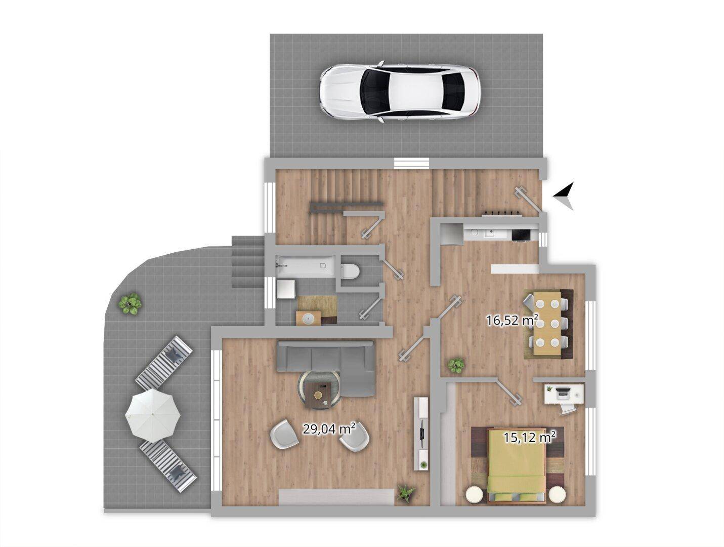 Grundriss des Erdgeschosses mit Wohnzimmer, Küche, Schlafzimmer und Terrasse.