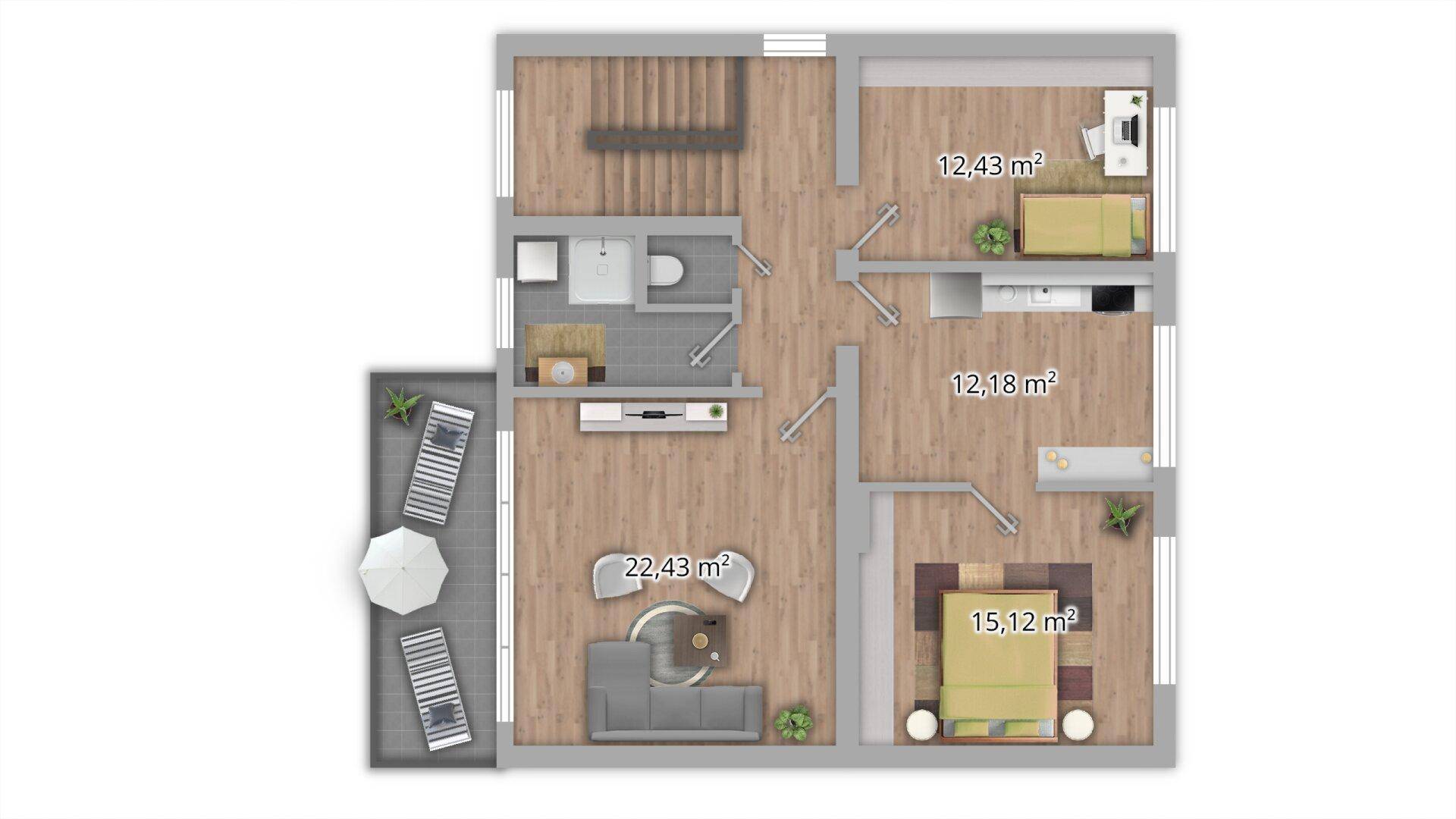 Grundriss des Obergeschosses mit Schlafzimmern, Bad und Balkon.