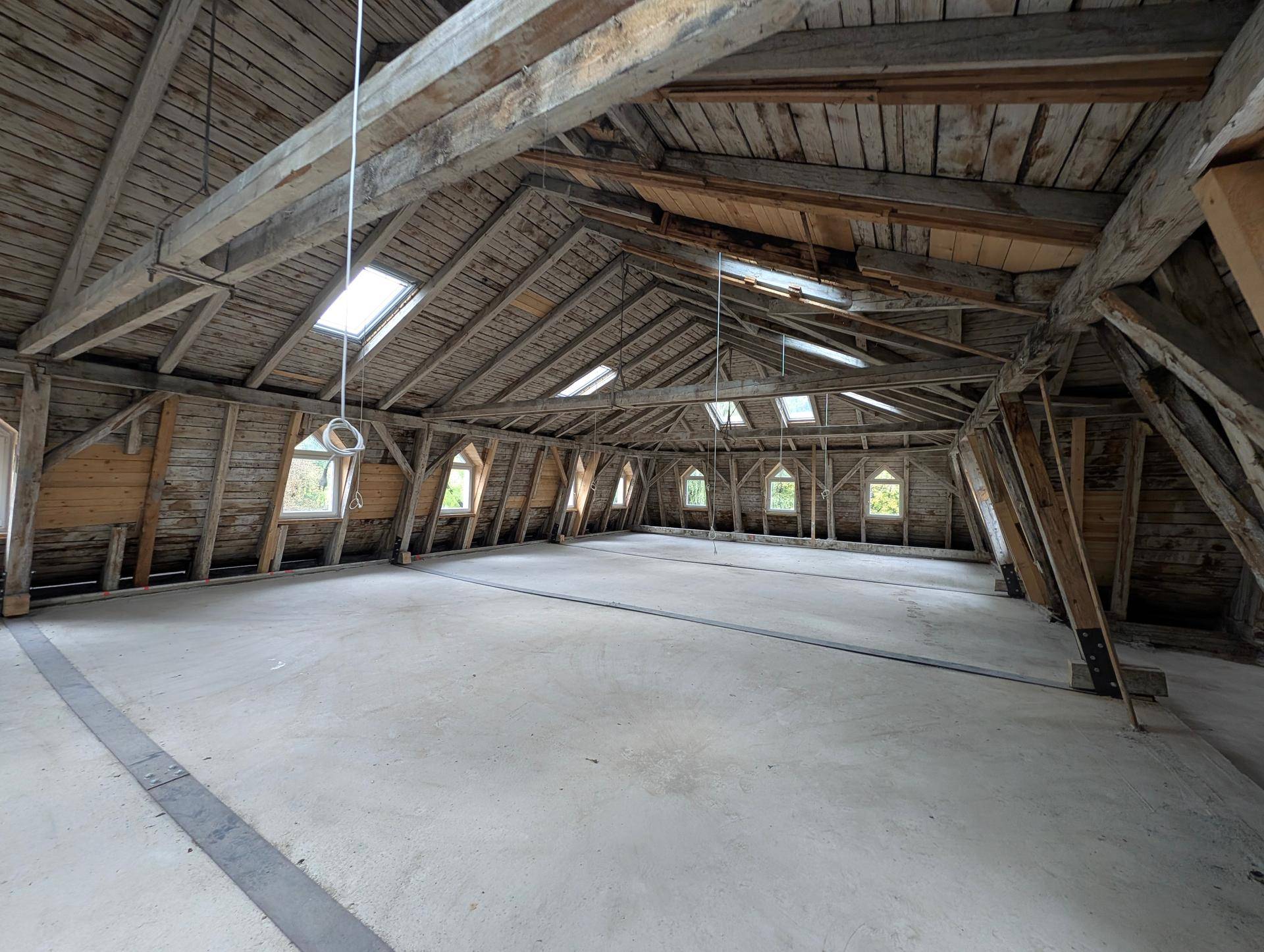 Weitläufiger Dachboden mit freiliegenden Holzbalken, mehreren Dachfenstern und Betonboden.