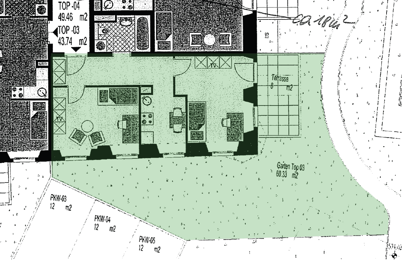 Grundriss einer Wohnung mit Terrasse und Gartenbereich, inklusive Flächenangaben.