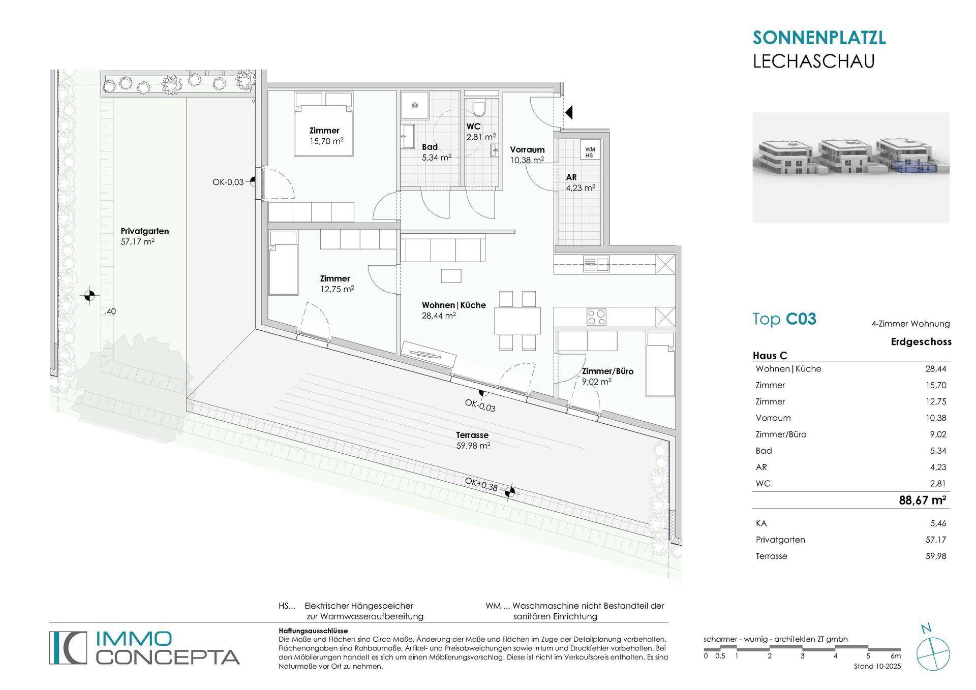Grundriss einer 4-Zimmer-Wohnung im Erdgeschoss mit privatem Garten und großer Terrasse.