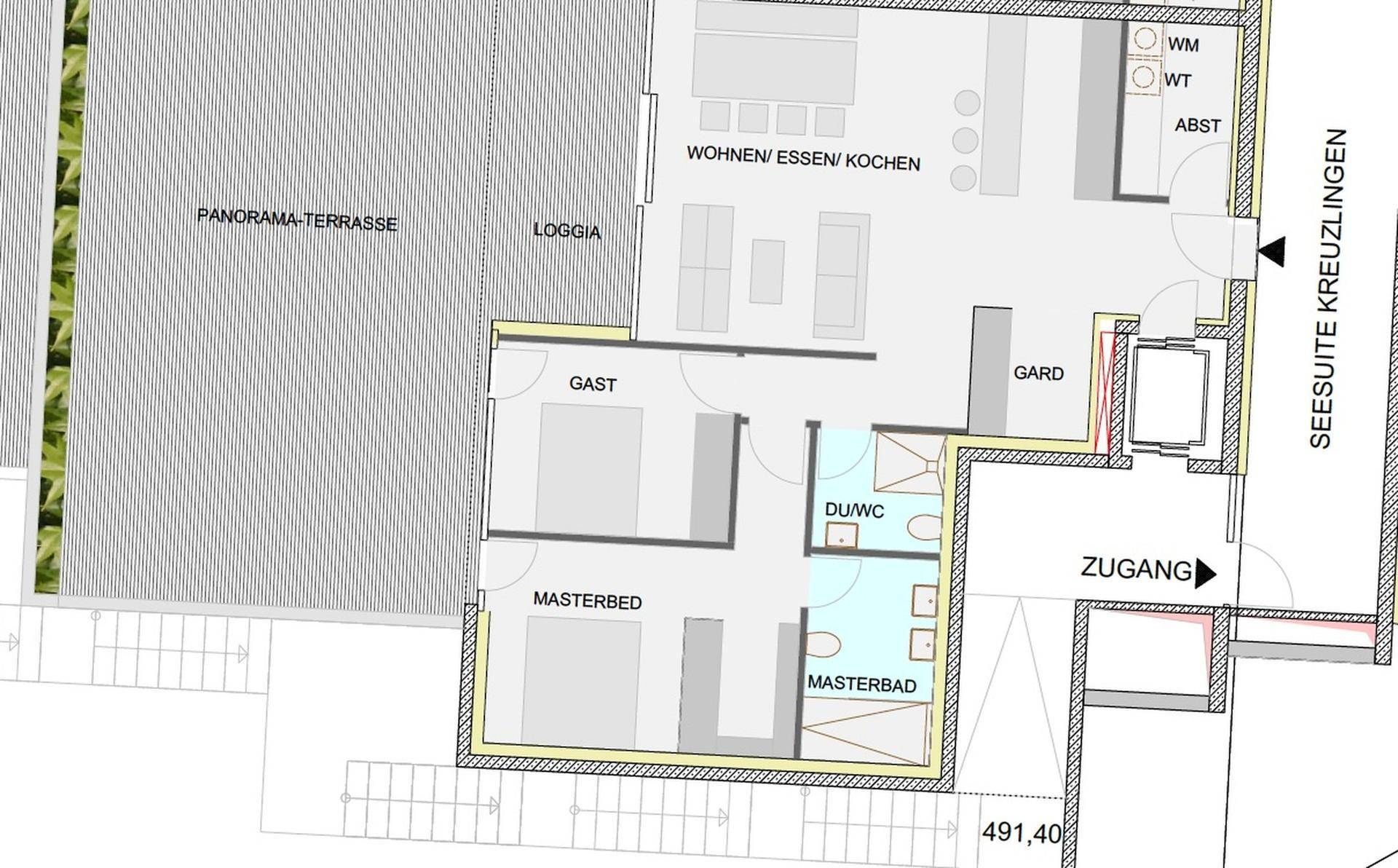 Detaillierter Grundriss mit offenem Wohnbereich, Master-Suite, Gästezimmer und großer Panorama-Terrasse.