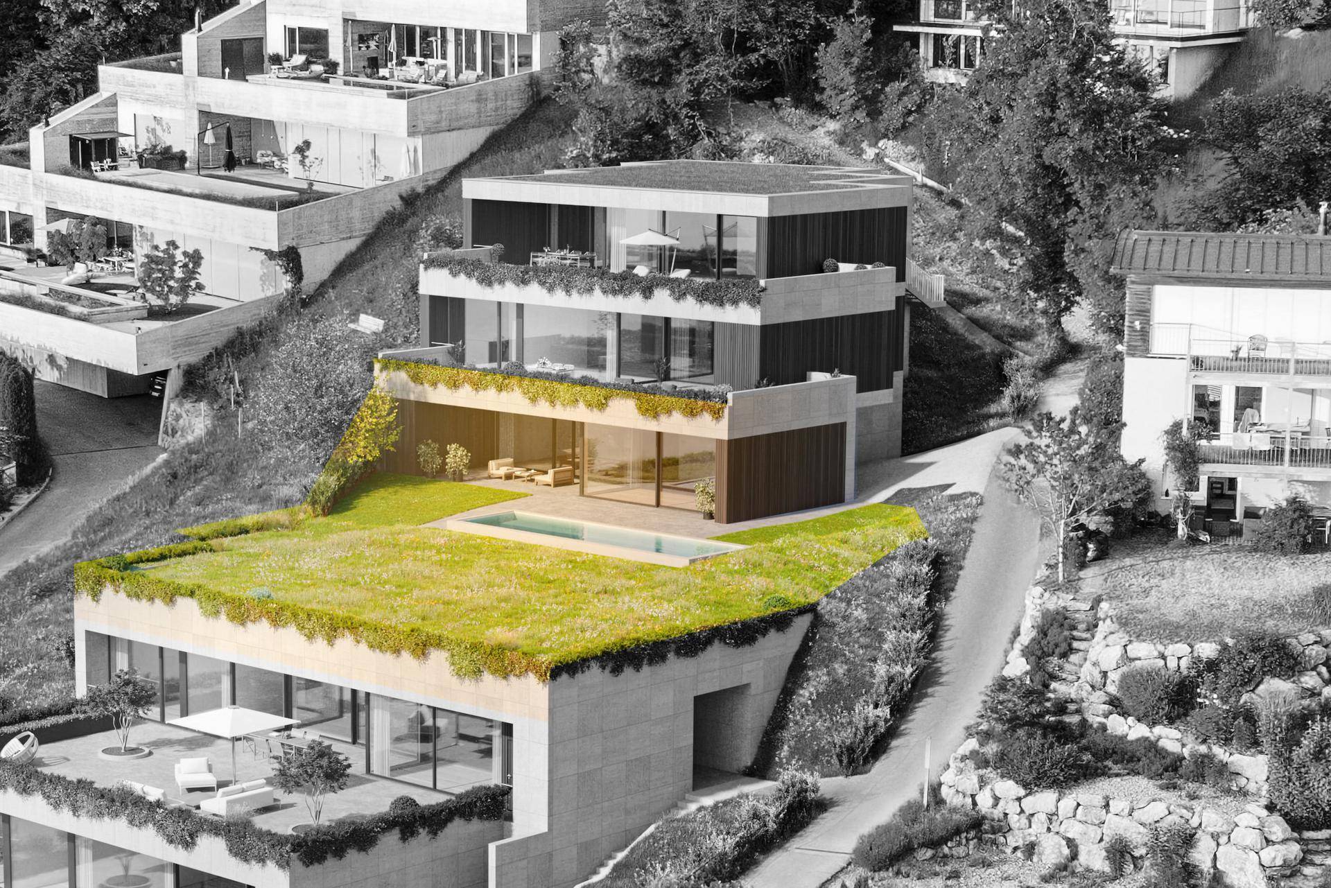 Architektonische Darstellung moderner Gebäude mit begrünten Dächern und Terrassen in einer Hanglage.