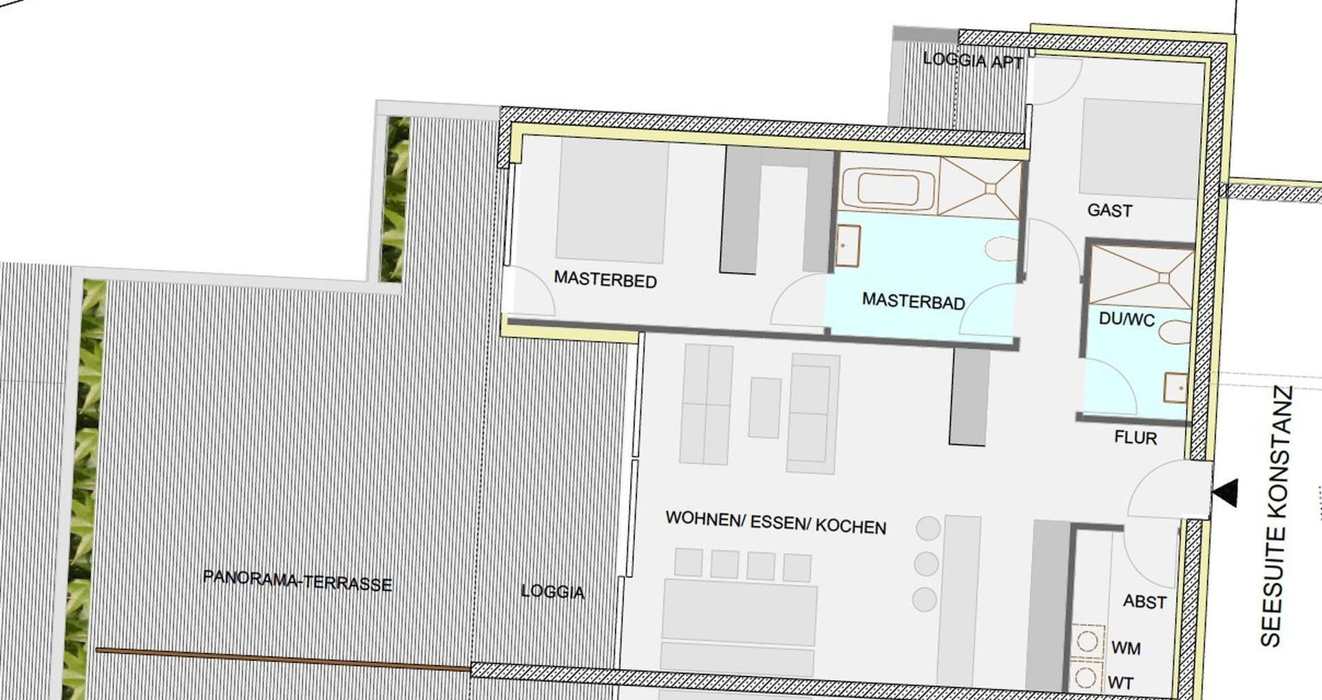 Grundriss einer Wohnung mit Master-Schlafzimmer, offenem Wohnbereich und großer Panorama-Terrasse.
