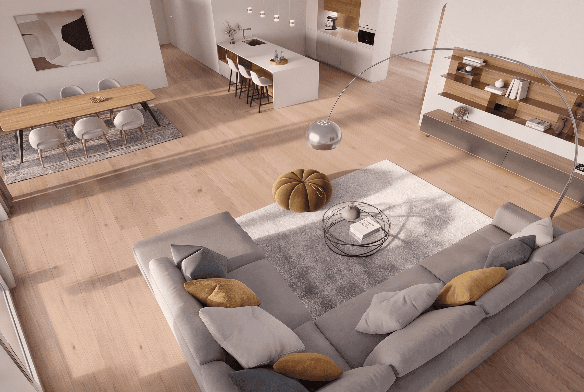 Großzügiger, offener Wohnbereich mit Esszimmer und Küche, modern und lichtdurchflutet gestaltet.