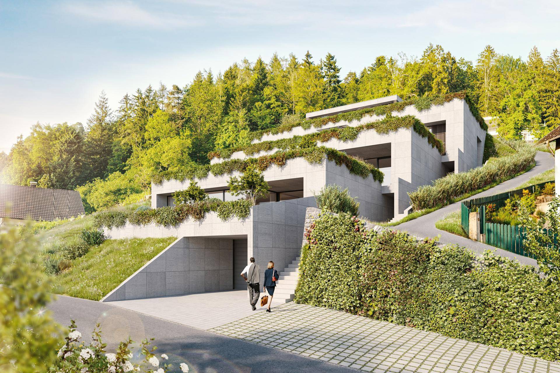Architektonisch anspruchsvolles Gebäude mit Gründächern und integrierter Garage, eingebettet in die Natur.