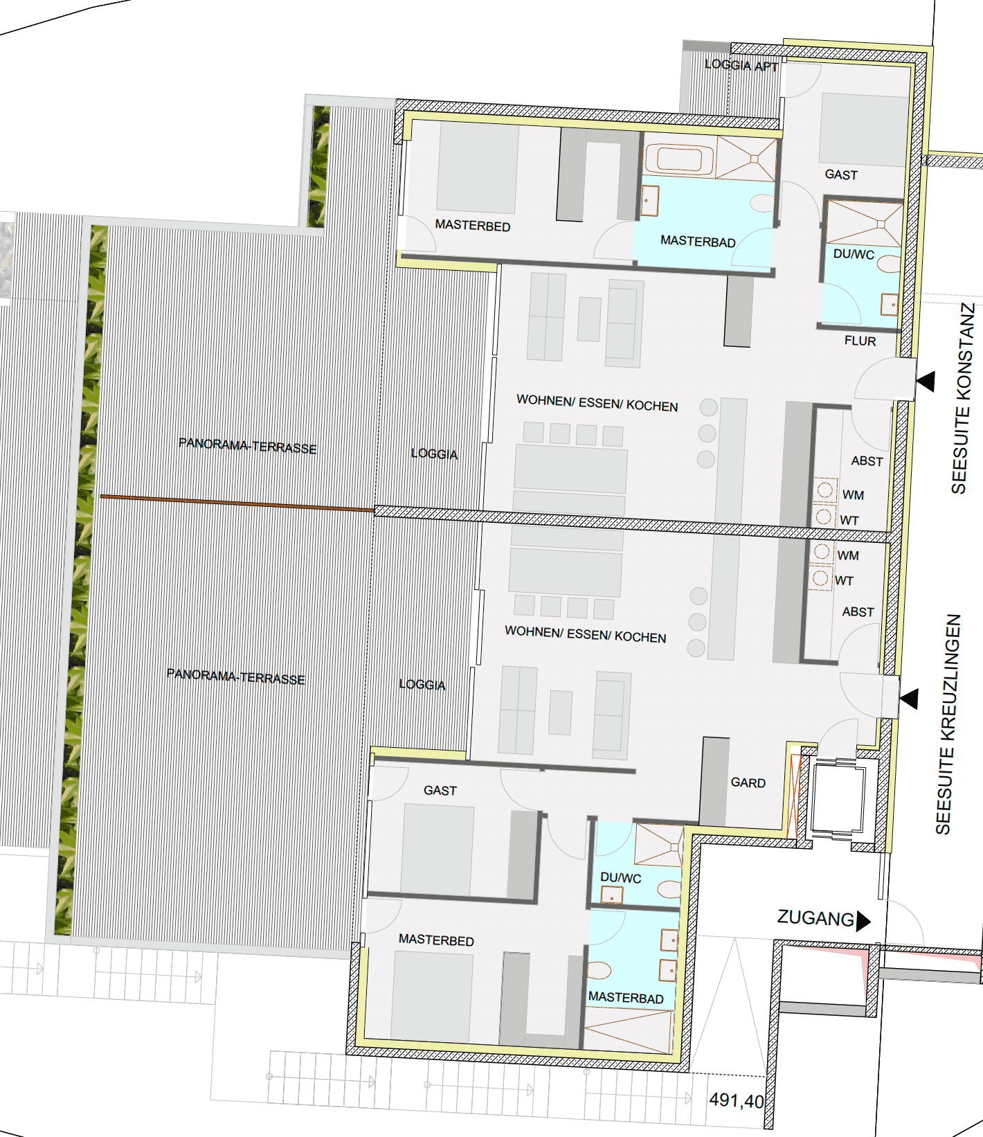 Grundrissplan für zwei Wohnungen mit offenem Wohnbereich, Master-Schlafzimmern und Panorama-Terrassen.