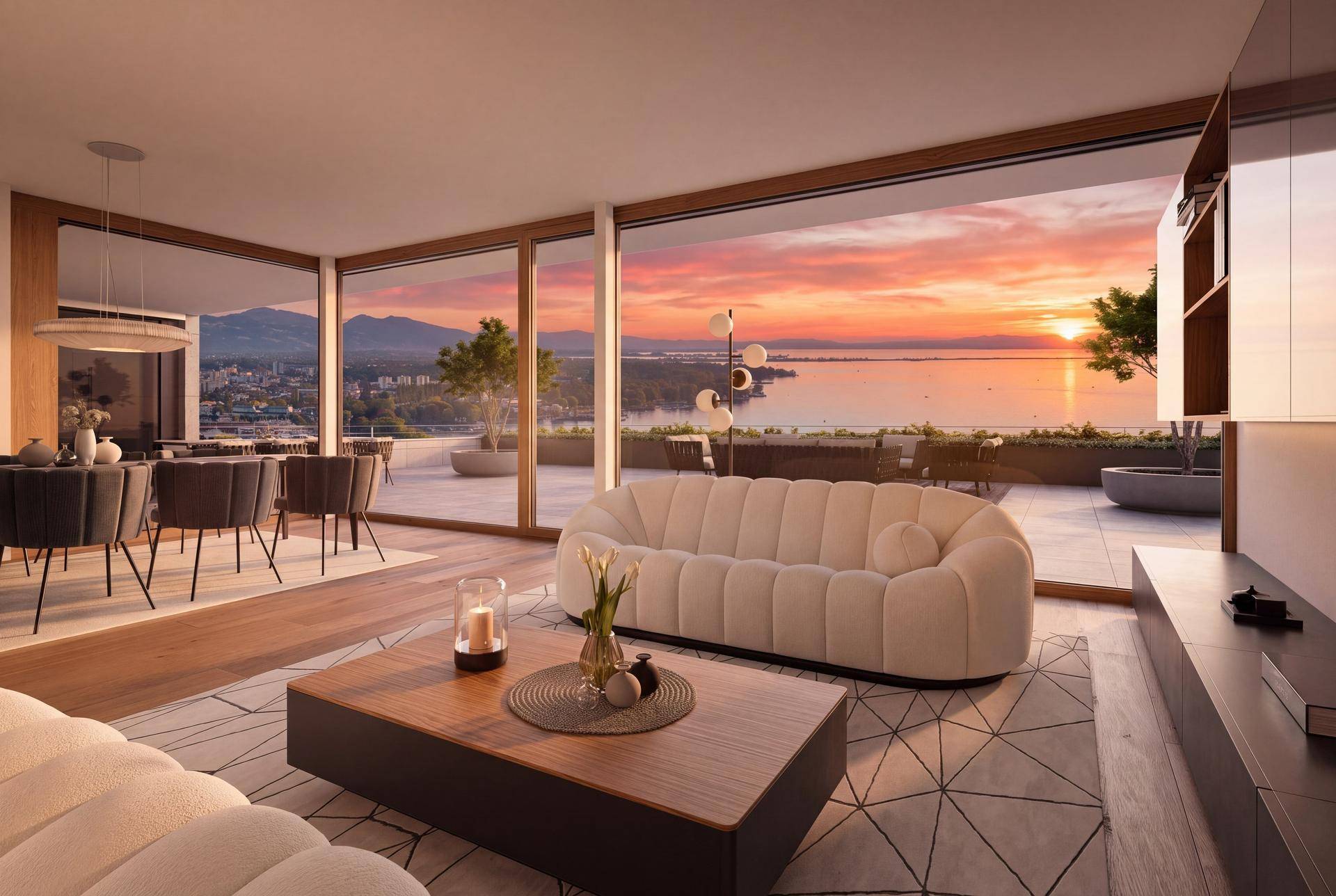 Modernes Wohnzimmer mit stilvollen Möbeln und atemberaubendem Blick auf den See und die Berge bei Sonnenuntergang.