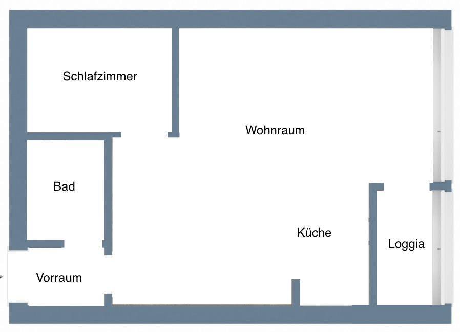 Grundriss der Wohnung mit Schlafzimmer, Wohnraum, Bad, Küche und Loggia.