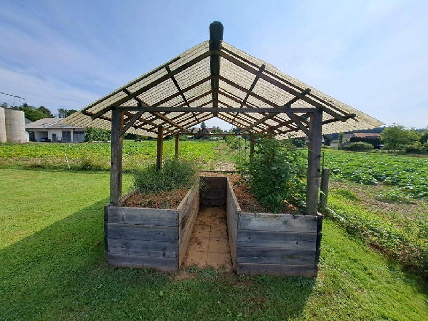 Erhöhtes Gartenbeet mit einfacher Überdachung für den Anbau von Pflanzen im Freien.