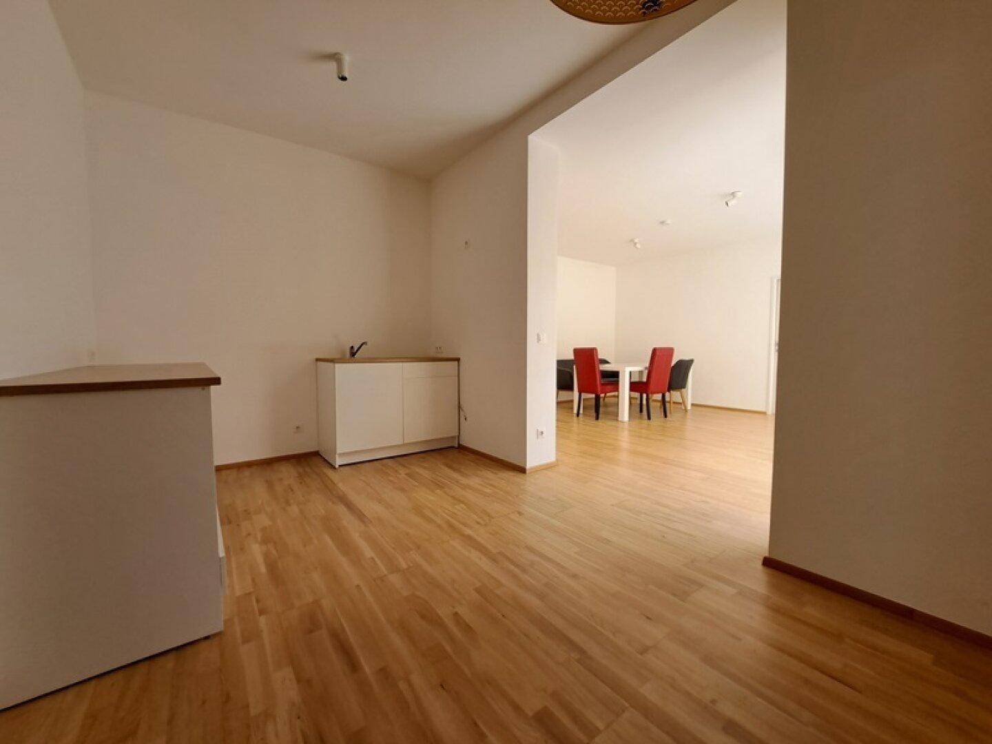 Offener Wohnbereich mit kleiner Theke und Essbereich im Hintergrund, ideal für flexible Nutzung.