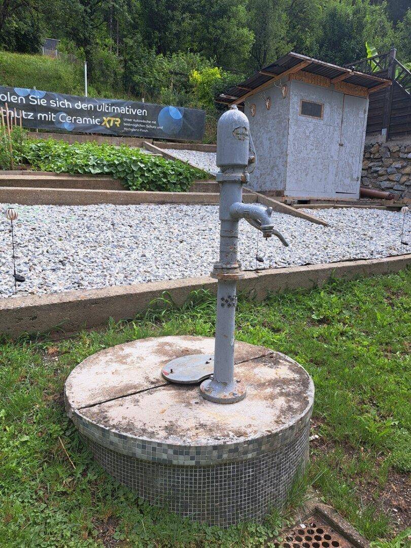 Nahaufnahme einer traditionellen Wasserpumpe im Gartenbereich mit einer kleinen Hütte im Hintergrund.