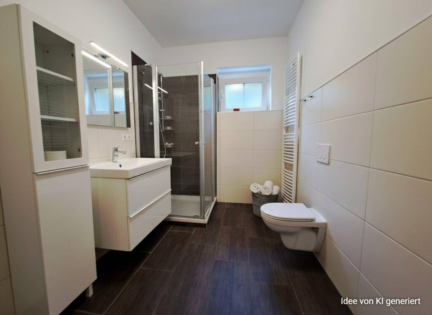 Modernes Badezimmer mit ebenerdiger Dusche, Wand-WC und beheiztem Handtuchhalter, sehr gepflegt.