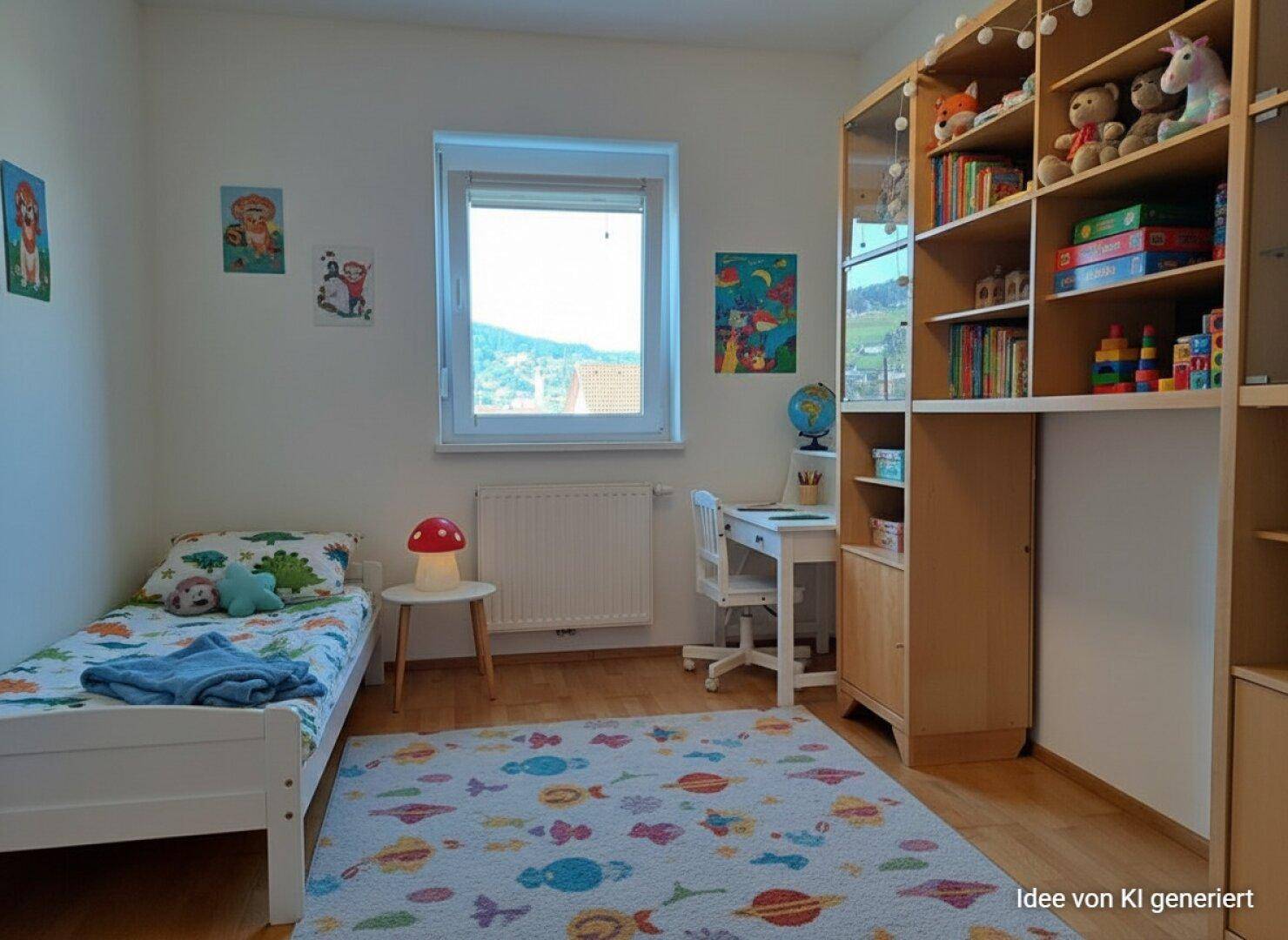Helles Kinderzimmer mit Holzboden, großem Fenster und Blick ins Grüne, freundlich eingerichtet.