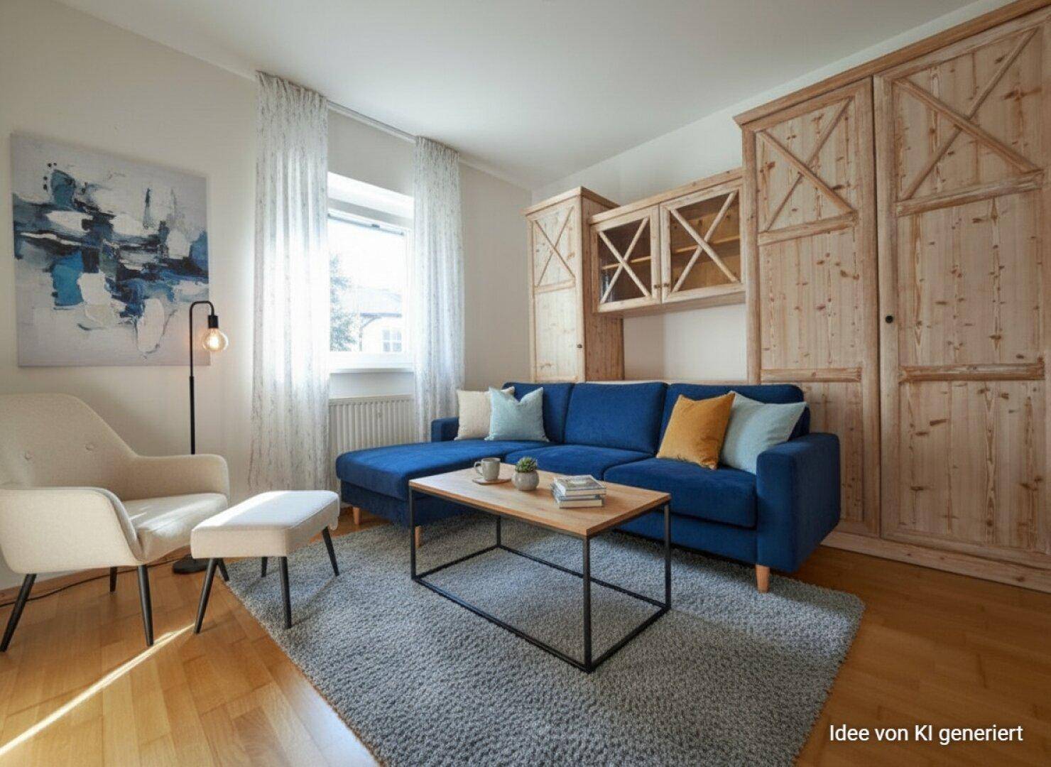 Gemütliches Wohnzimmer mit blauem Sofa, Holzeinbauten und Parkettboden, hell und modern eingerichtet.