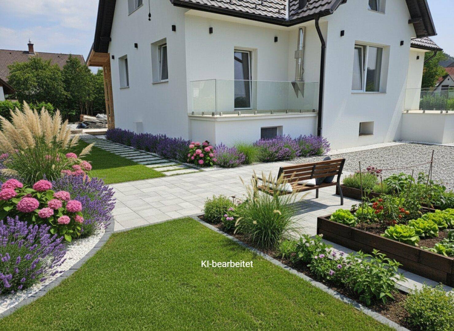 Gepflegter Gartenbereich mit Rasen, Blumenbeeten, Hochbeet und einer Holzbank neben dem Haus.