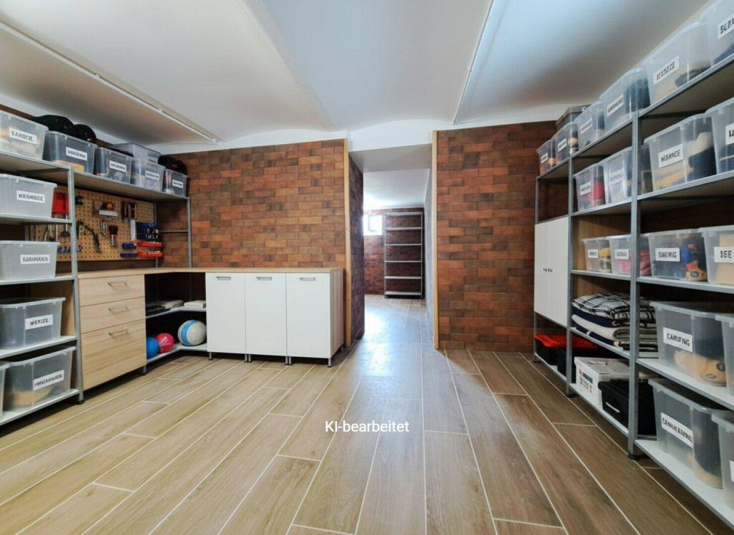 Geräumiger Lagerraum im Keller mit vielen Regalen, Aufbewahrungsboxen und Ziegelwänden.
