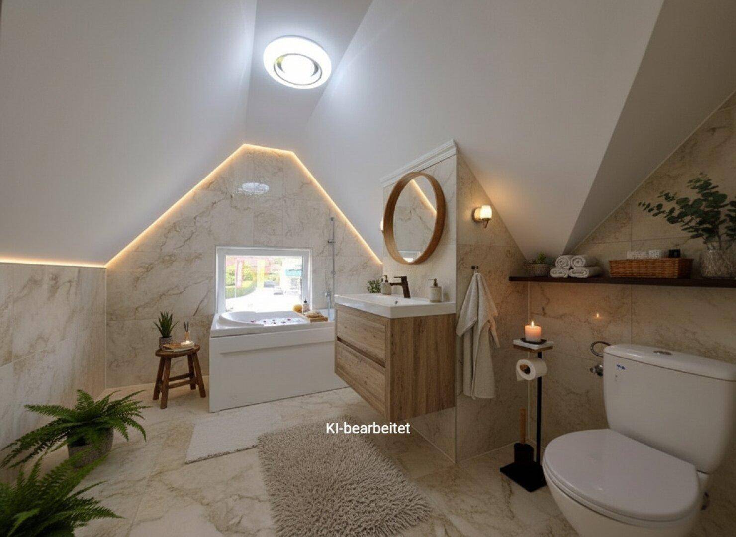 Modernes Badezimmer im Dachgeschoss mit Badewanne, Waschtisch und Marmorfliesen.