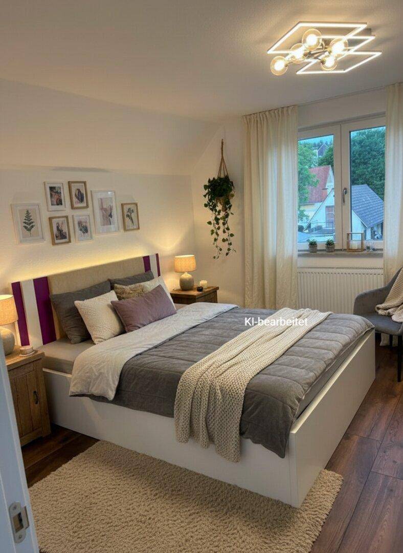 Modernes Schlafzimmer mit Doppelbett, Holzboden und Fenster mit Blick auf die Umgebung.