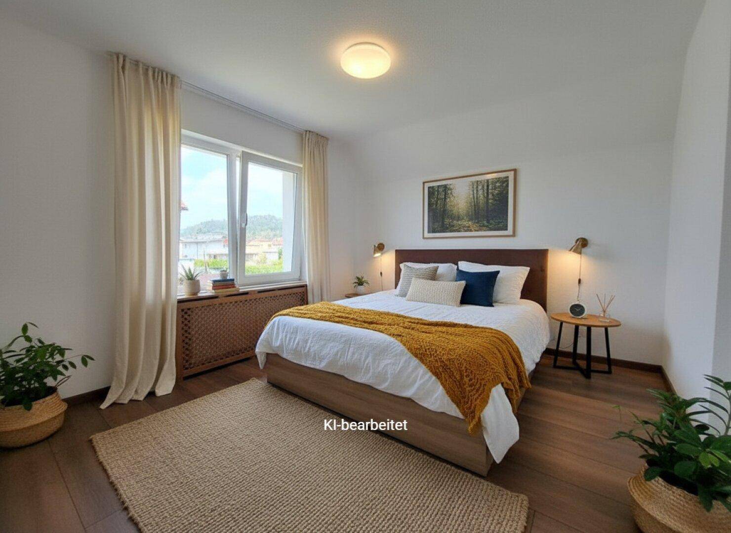 Gemütliches Schlafzimmer mit Doppelbett, Holzboden und großem Fenster mit Blick ins Grüne.