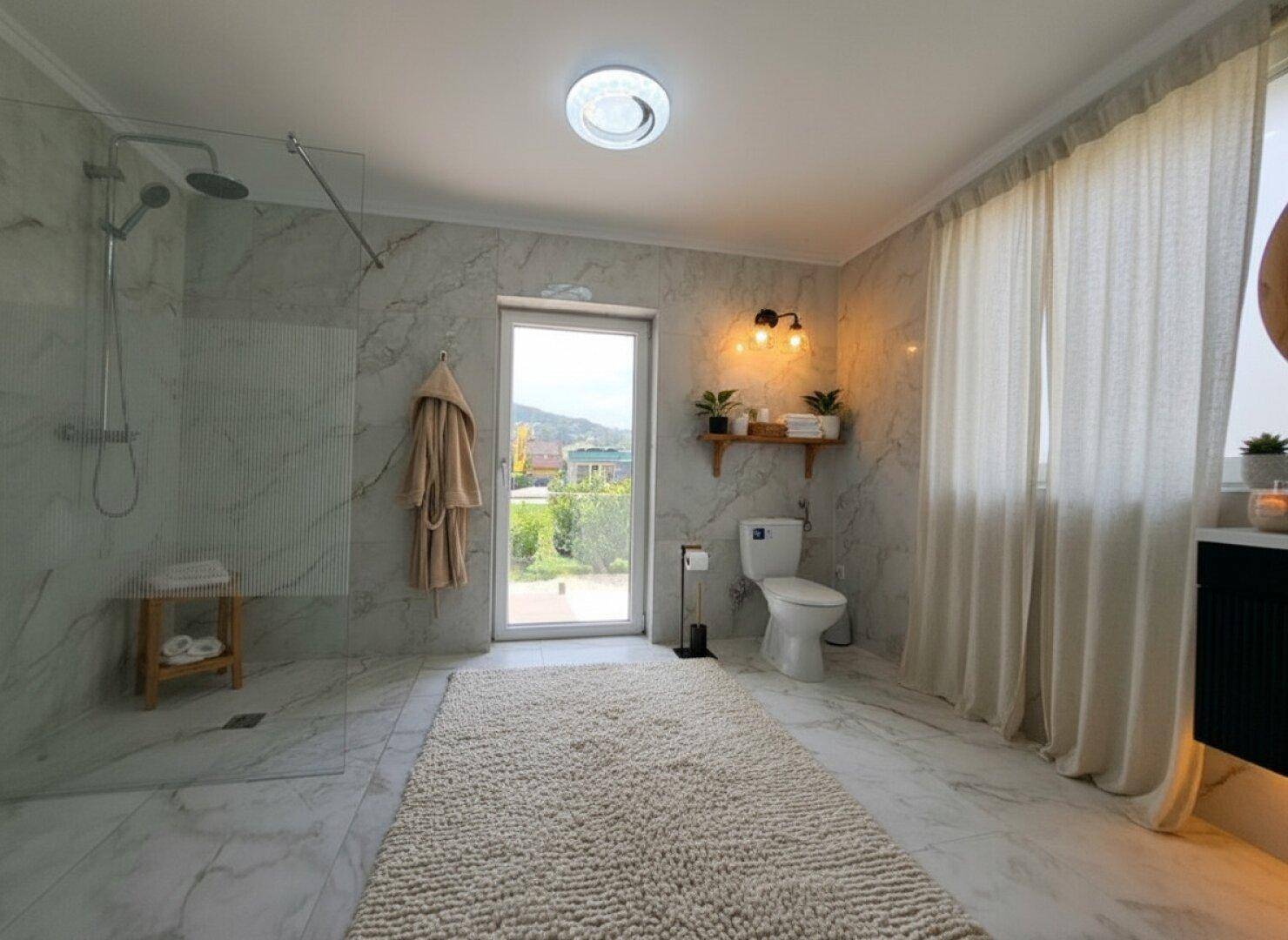 Modernes Badezimmer mit großer begehbarer Dusche, Marmorfliesen und Zugang zum Außenbereich.