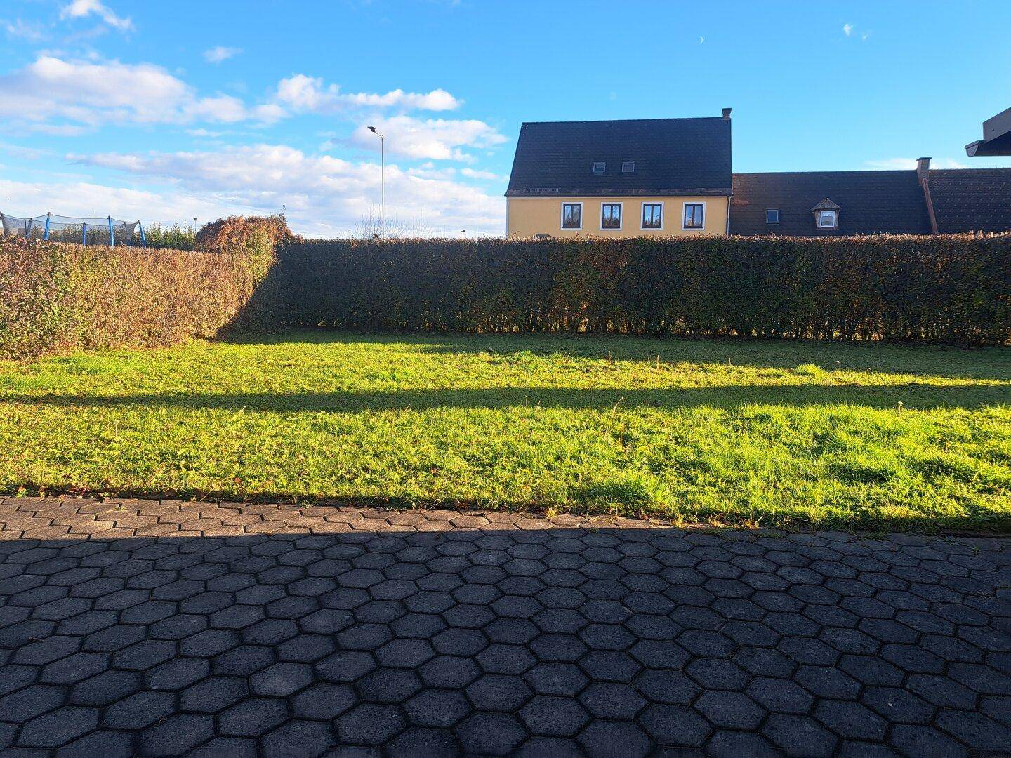 Gepflegte Rasenfläche mit hoher Hecke und Blick auf die Umgebung.