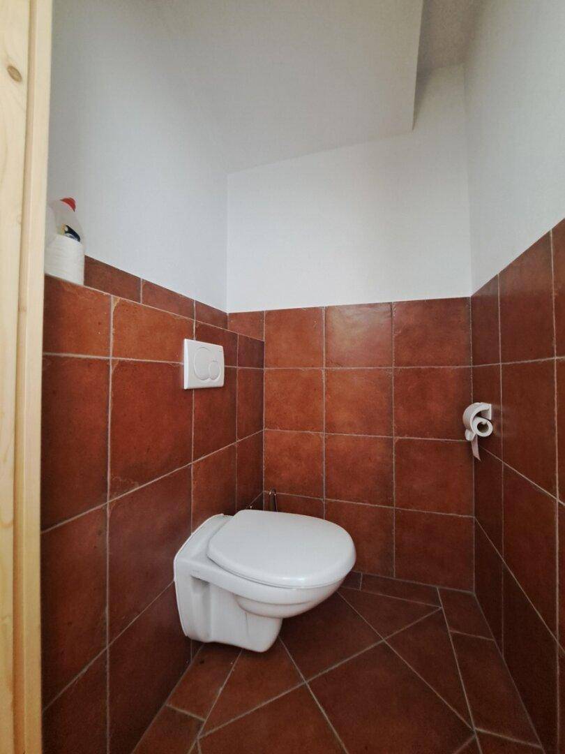 Kleines Gäste-WC mit Terrakottafliesen und wandhängendem WC.