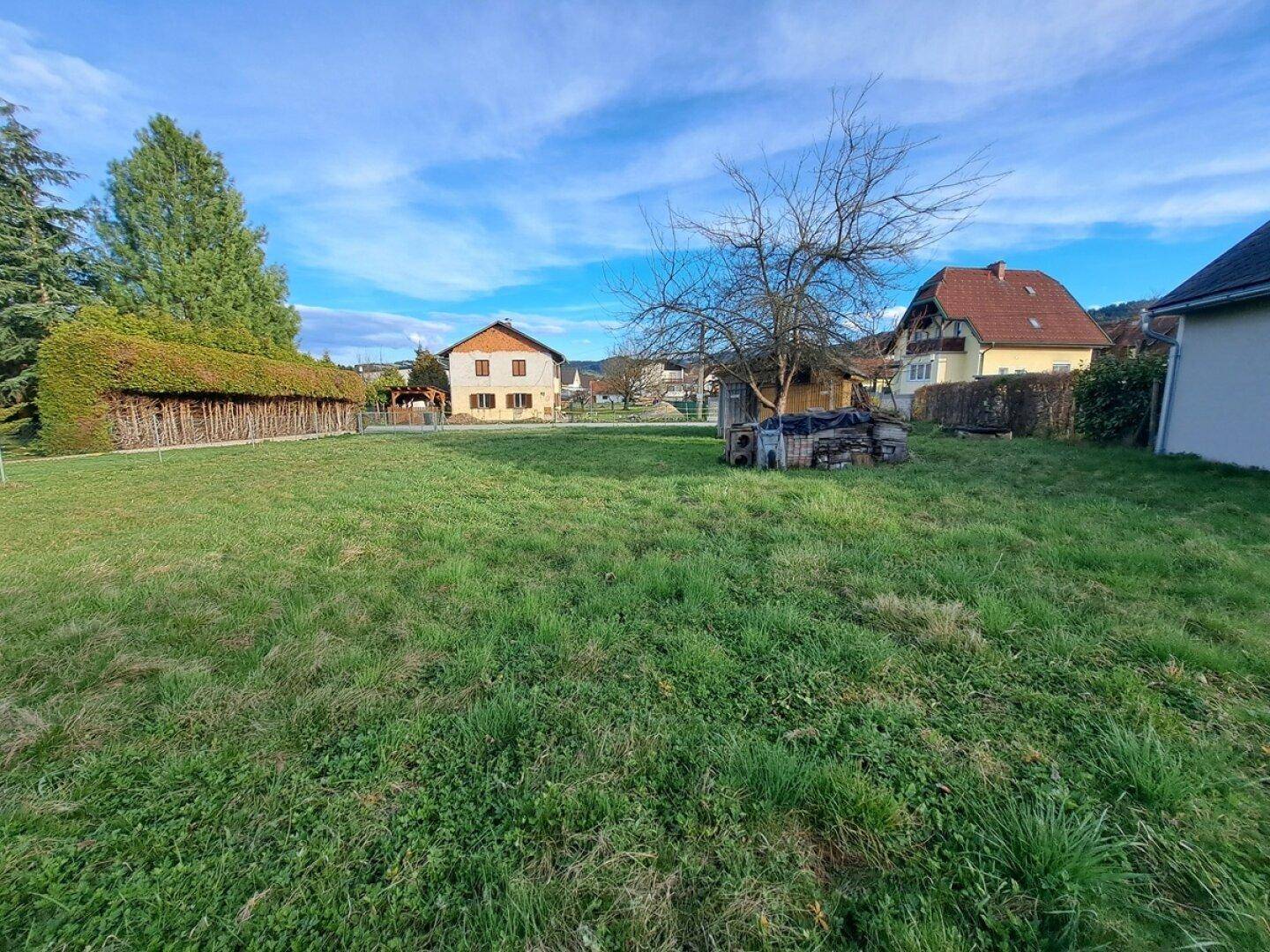 Großzügiges, sonniges Grundstück mit Rasenfläche und Blick auf die Nachbarschaft.