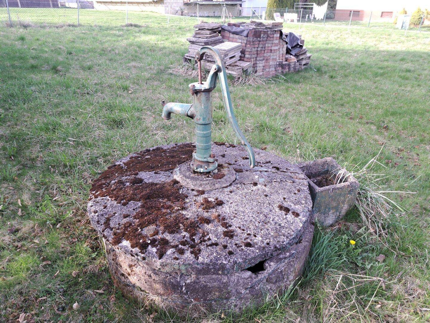 Alte, moosbewachsene Wasserpumpe auf einem Steinsockel im grünen Gartenbereich.