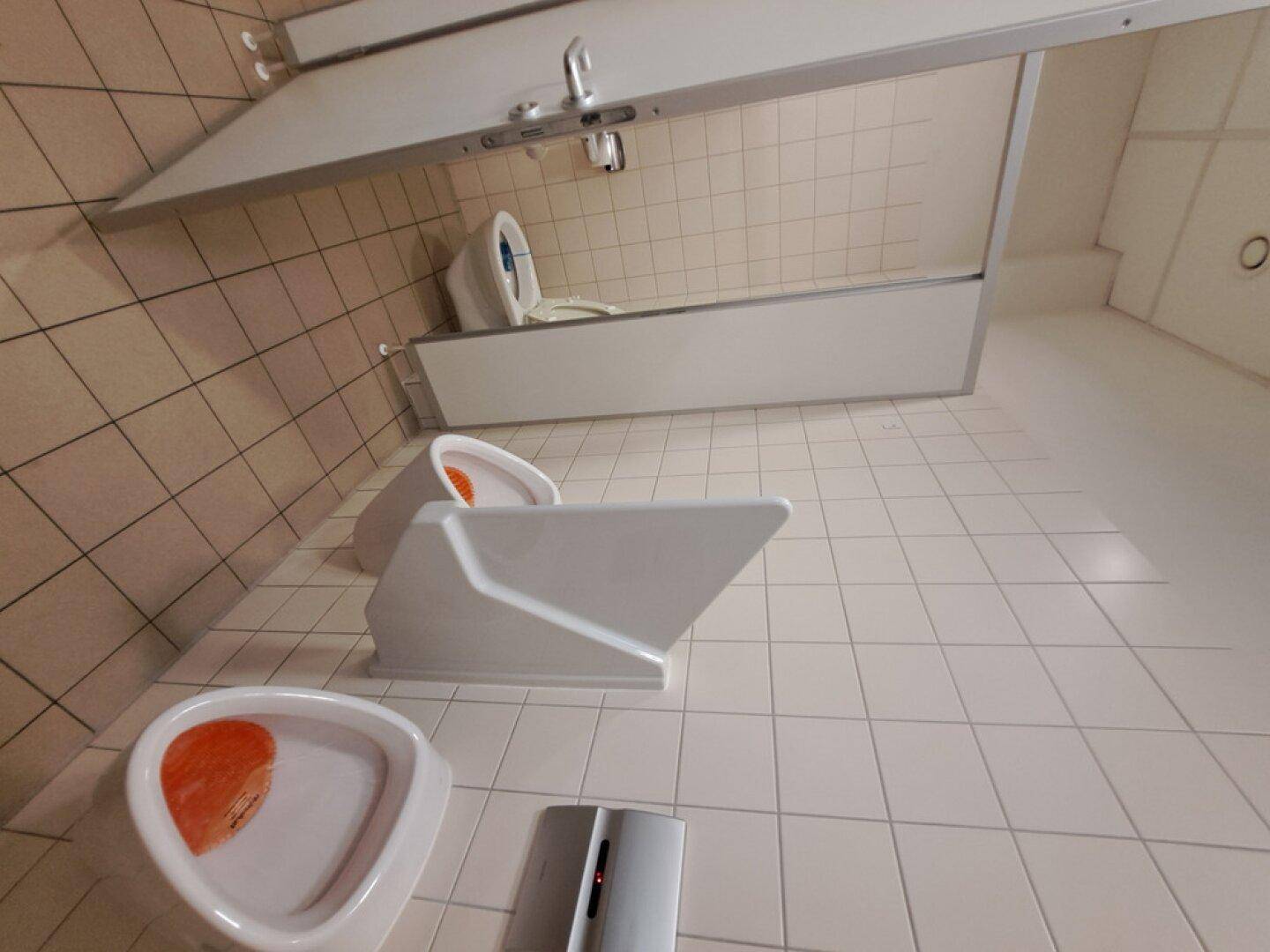 Öffentliche Toilettenanlage mit Urinalen und Toiletten, gefliesten Wänden und Boden, hell und sauber.