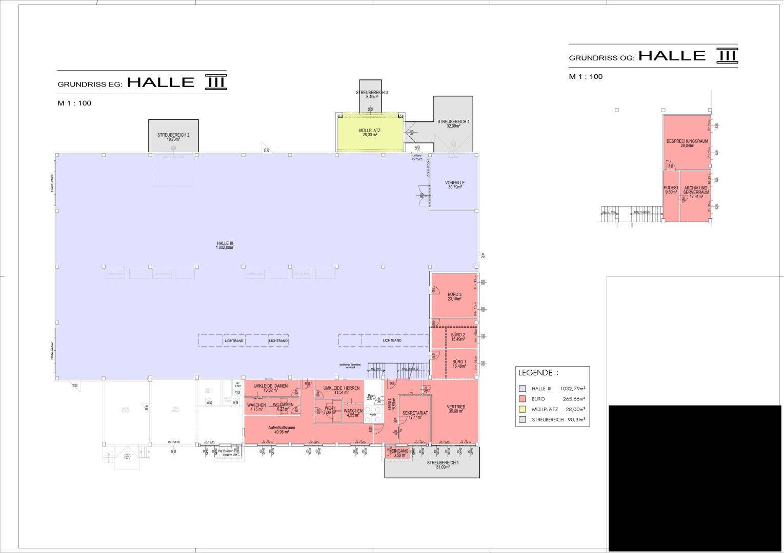 Grundriss der Halle III mit verschiedenen Bereichen für Lager, Büro und Sozialräume, inklusive Flächenangaben.