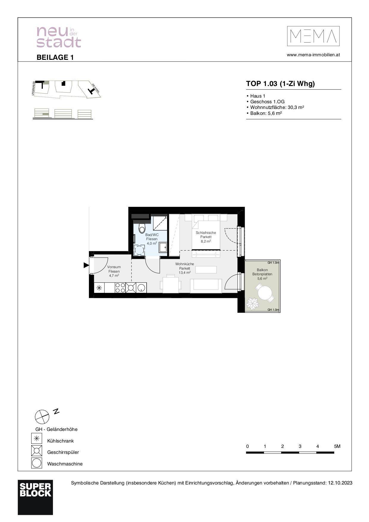 Grundriss einer kompakten 1-Zimmer-Wohnung mit offener Wohnküche und Balkon.