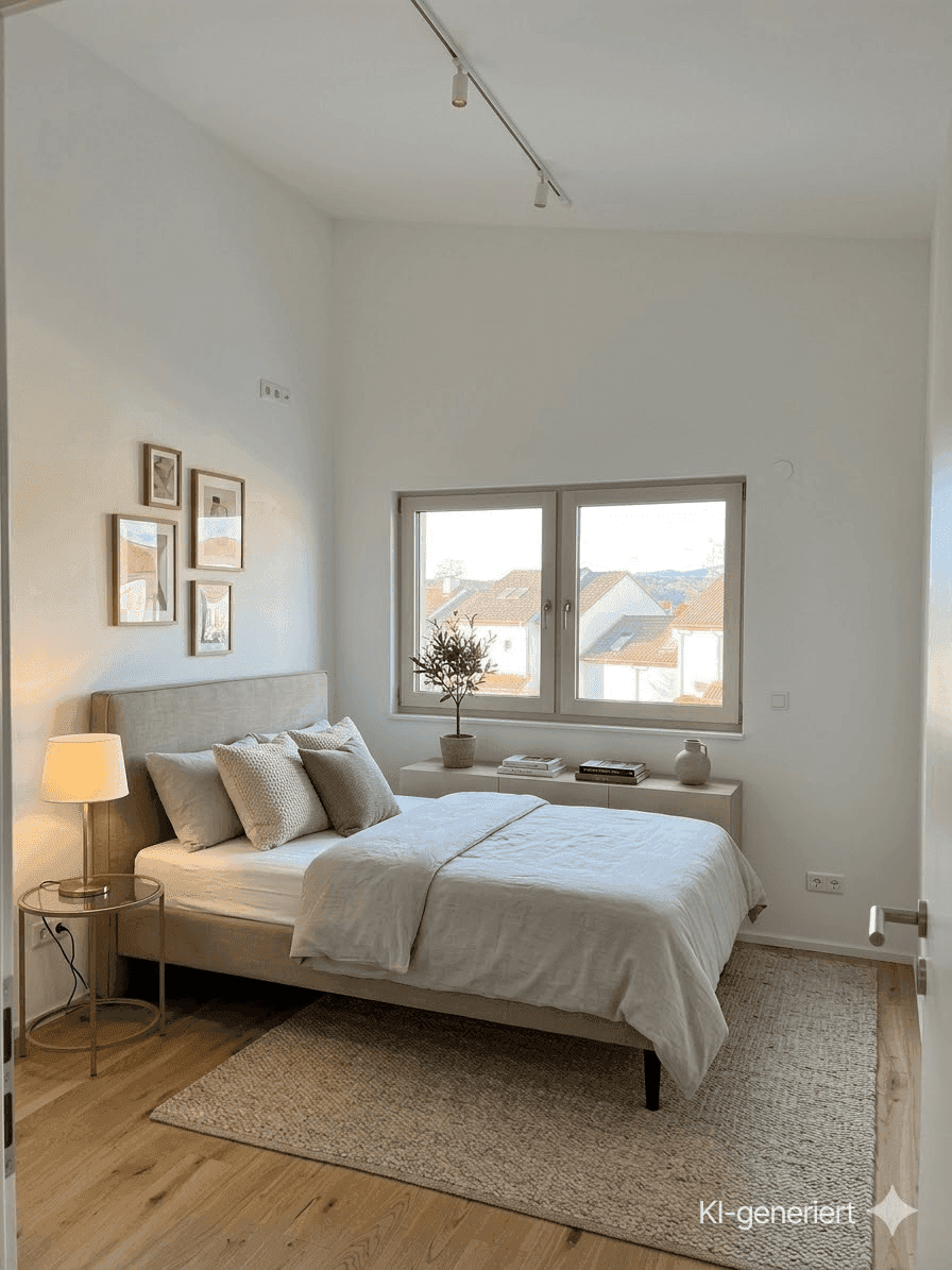 Helles Schlafzimmer mit hohen Decken, großem Fenster und modernem Holzboden, ausgestattet mit einem bequemen Bett.