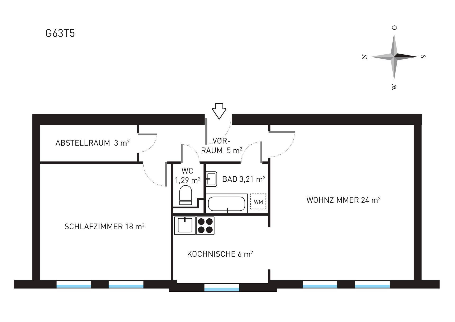 Grundriss einer Wohnung mit Wohnzimmer, Schlafzimmer, Kochnische und separatem WC.