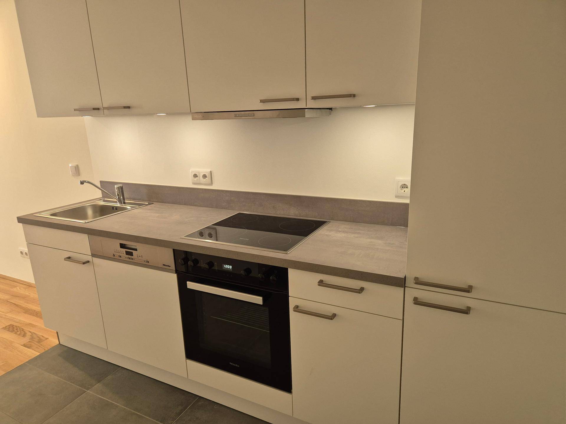 Moderne Küchenzeile mit Einbaugeräten, Induktionskochfeld, Backofen und Spülmaschine.